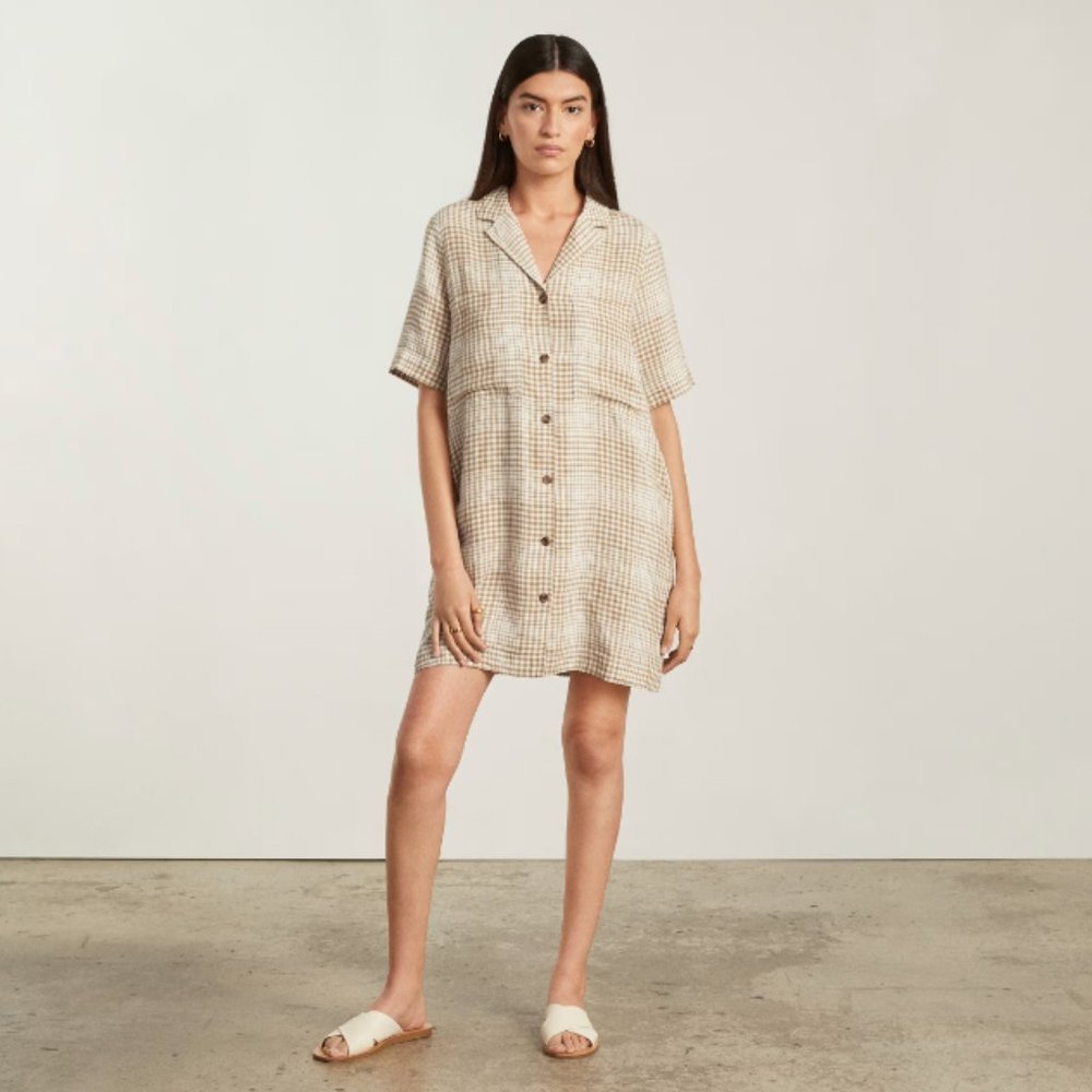 Everlane white tan plaid short sleeve linen workwear dress collared